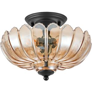 Amber Glass Ceiling Light Fixture - Handcrafted Art Glass Semi Flush Mount with 3 E26 Bulb Sockets, Warm Amber Shade Lighting for Living Room Dining Room Hallway, Vintage Indoor Chandelier (11.8inch)
