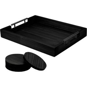 Ottoman Serving Tray | Decorative Coffee Table Tray with Handles  17x13 Inch Wooden Tray with 4 Coasters for Breakfast, Kitchen & Bar (Black)