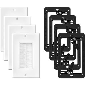 Brush Wall Plate with Mounting Bracket, 4 Pack Cable Pass Through Decorator Cover for Low Voltage Wires, Single Gang Cord Hider for TV Home Theater System (White and Black)