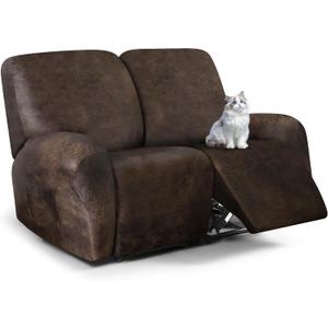 ANARACHON Leather Look Loveseat Recliner Cover, 6-Pieces Stretch Dual Recliner Sofa Covers, Soft Reclining Couch Slipcover, Washable Furniture Protector for Pets (2 Seater, Brown)