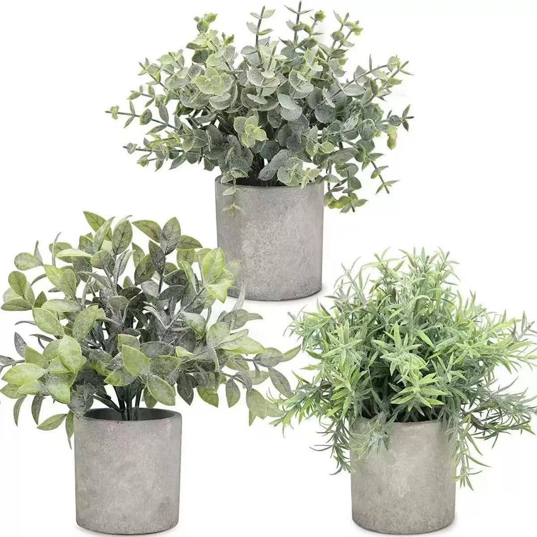 3 Pack Mini Potted Fake Plants Artificial Plastic Eucalyptus Plants Topiaries for Home Office Desk Farmhouse Room Bathroom Coffee Table Decor