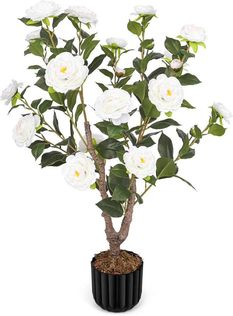 Artificial Camellia Tree for Indoor and Outdoor, Faux Flower Tree Plant in Pot Fake Topiaries for Home Front Porch Decor(1, White)