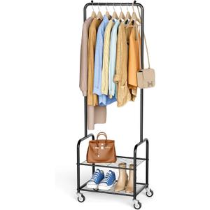 AOODA Small Clothes Rack with Shelves, Metal Sturdy Rolling Clothing Racks for Hanging Clothes, Portable Garment Organizer with Wheels for Shirts, Coats, Shoes, Bags (Black)