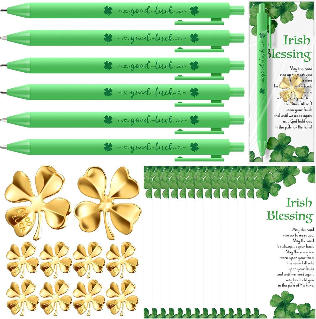 Marspark 40 Sets St. Patrick's Day Gifts Bulk Good Luck Tokens Luck Charms Green Pens and Irish Blessing Poem Cards Irish Party Favors for Family Coworkers Teachers (Golden)