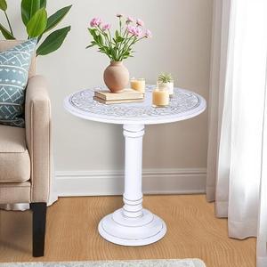 Hand - Carved Wooden End Table  18" x 22 Round Pedestal Side Table, Solid Mango Wood, White Antique Finish, Decorative Accent Table for Living Room & Bedroom (Pillars 18x22 inch)