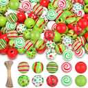 Vercraft 240 pcs Christmas Wooden Beads with Jute Twine Red and Lime Green 10 Style Spacer Polka Dot Peppermint Swirl Wood Bead for Jewelry Making DIY Garland Beaded Pen Holiday Xmas Tree Decor,16mm