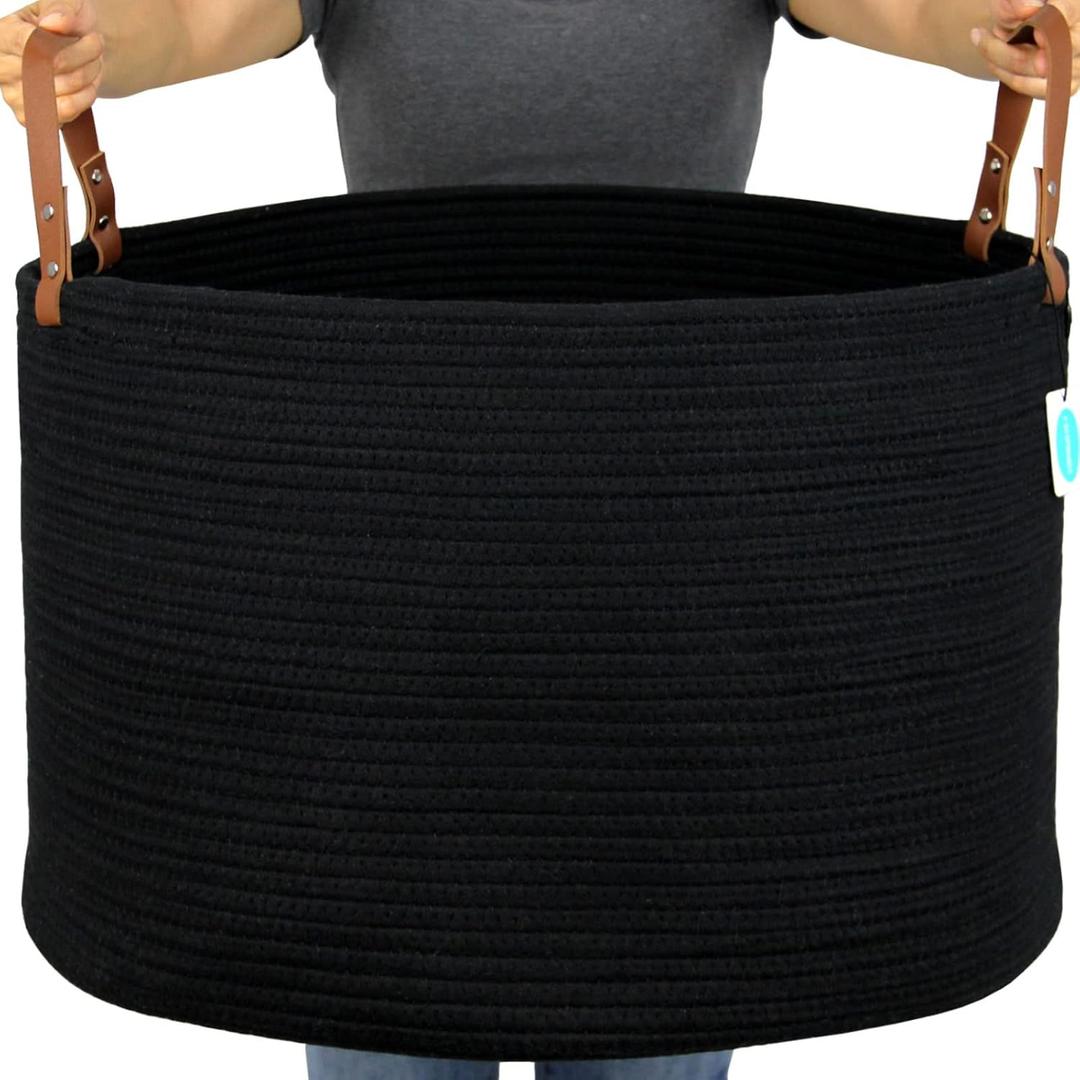 Casaphoria XXXLarge Cotton Rope Basket for Living Room - Woven Storage Basket with long Handle for Blankets, Towels and Pillows Laundry Hamper | Black (20" x 20" x 13")