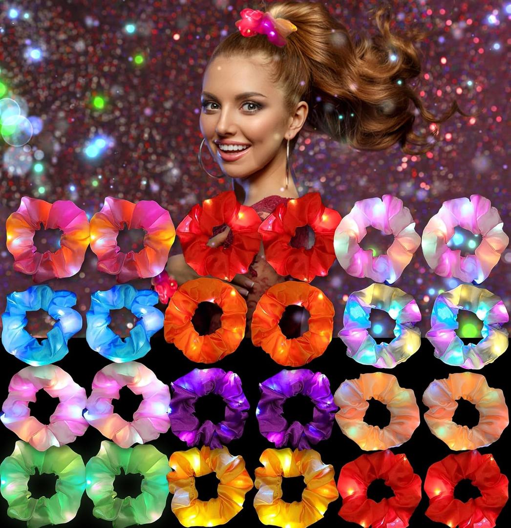 24 Pcs Light Up Scrunchies Hair Ties for Girls LED Scrunchie Hair Bands, Glow in the Dark Hair Party Supplies, Neon Glow Sticks Rave Accessories for Halloween, Christmas, and New Year