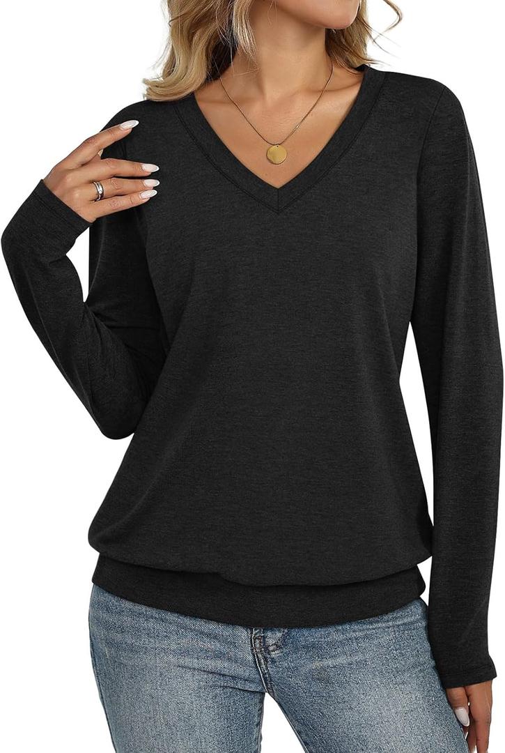 Womens V Neck Long Sleeve Shirts Banded Bottom Cute Loose Fit Tops Dressy Casual Outfits for Fall Spring (Black)