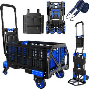 Folding Hand Truck, 2 in 1 Portable Heavy Duty Carrying Moving Dolly Cart with 4 Foldable Wheels and Retractable Handle Duty 330lbs (Blue with Folding Basket)