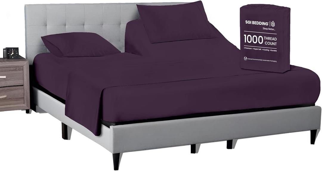 SGI bedding 32" King Split Top Flex Head Sheet 100% Egyptian Cotton Sheet Set 1000 Thread Count Flex Top Sheet for Adjustable Bed 4Pc Sheet Set 15" Deep Pocket for Sleep Number Bed - Plum