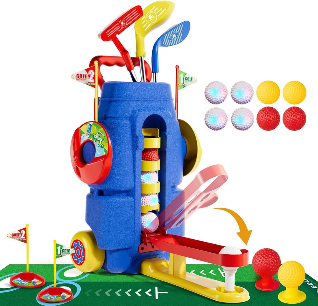 Kids Golf Clubs Set, Toddler Golf Toys With 8 Balls 3 Golf Clubs 1 Cornhole Board Putting Mat, Indoor Outdoor Sports Game, Upgraded Golf Cart And Shoulder Strap, Mini Golf Kit Gift For Boys Girls 3+