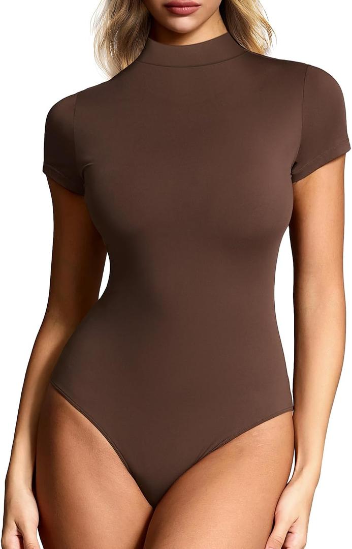 Women's Mock Neck Short Sleeve Bodysuit Double-Lined Seamless Body Suits for Women Basic T-Shirt Tops (Brown, XS)