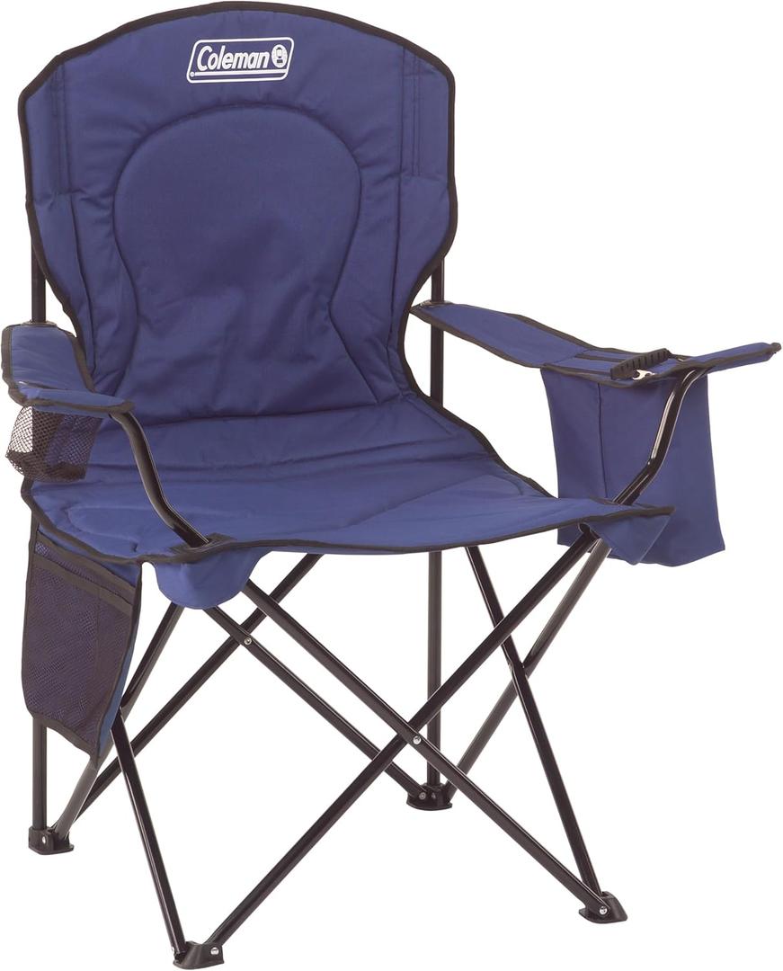 Coleman Portable Camping Chair with 4-Can Cooler, Cushioned Seat & Back with Side Pockets & Cup Holder, Carry Bag Included, Great for Camping, Tailgating, Firepits, Patio, & More (Blue)