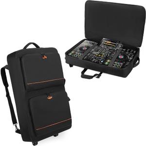 DJ Controller Bag Backpack with Wheels Compatible with Pioneer XDJ RX2/ XDJ RX3/ XDJ-RX/DDJ FLX10/ DDJ REV7/ DDJ 1000, Wheeled DJ Carrying Case with 2 Accessory Pocket, Padded DJ Mixer Bag
