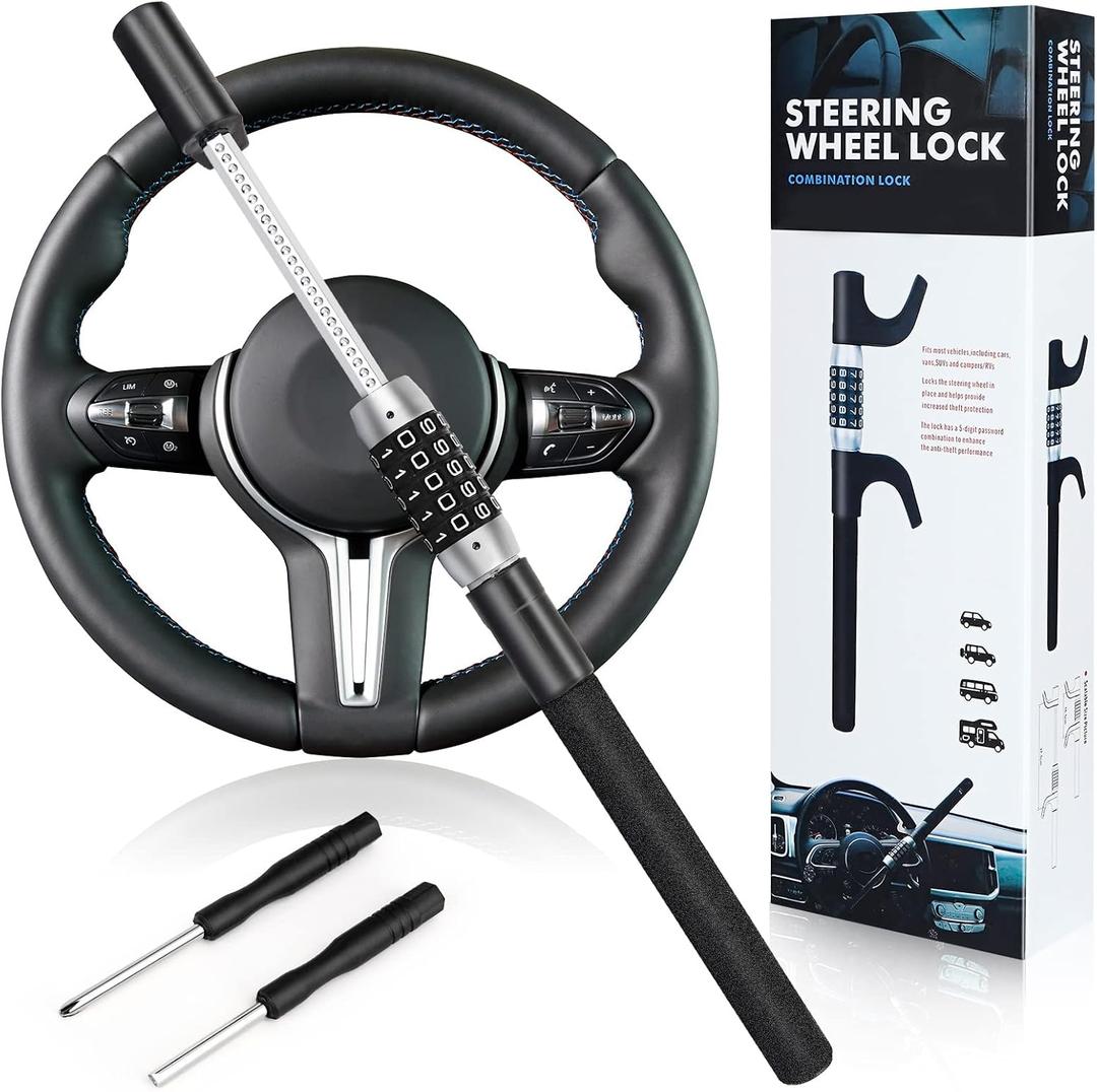 5 Digital Combination Car Steering Wheel Lock, LAMA Password Code Steering Lock, Retractable Keyless Heavy Duty Steering Wheel Lock, Universal Anti-Theft Car Steering Fit for Cars, Trucks, Vans, SUV