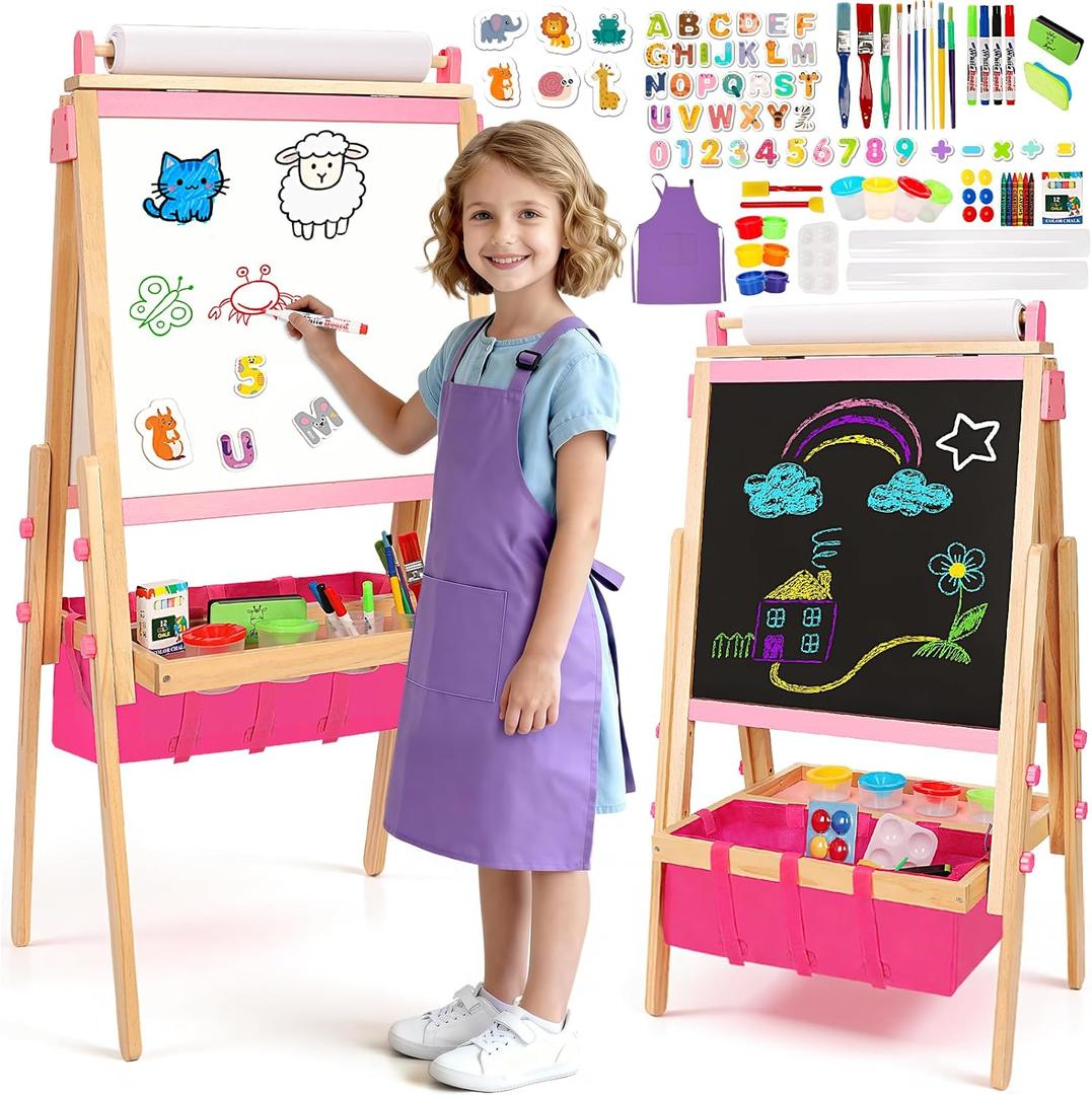 Wood Easel for Kids, All-in-ONE Adjustable Easel with Art Supplies, Magnetic Double Sided Whiteboard & Chalkboard, Ideal Christmas, Birthday Gift for Boys & Girls Age 3, 4, 5, 6, 7, 8+ Years Old