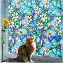 Coavas Decorative Window Privacy Film, Heat Control Sun Blocking Stained Glass Window Film, Floral Design Static Cling, Non Adhesive Windows Tint for Bathroom Front Door(Vinyl, 35.4" x 78.7 ") (35.4 x 78.7 inch, Blue)