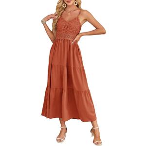 Dokuritu Women's Beach Crochet Lace Maxi Dress Solid Color Summer Vacation Spaghetti Strap Long Dress 2024 (Medium, Brickred)