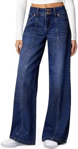 Sidefeel Women's Wide Leg Jeans High Waisted Stretchy Straight Leg Jeans Trendy Seamed Front Loose Denim Pants Size 6