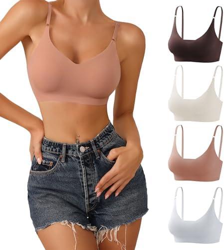 DEANGELMON V Neck Bra Padded Seamless Adjustable Straps Bralettes Everyday Basic Sleeping Bras Multiple Pack, S