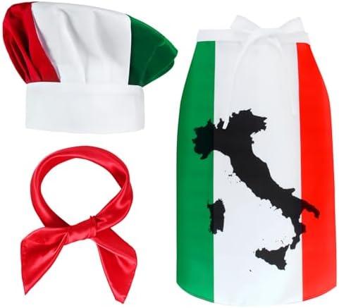 Kyson Italian Flag Chef Costume Italian Waist Apron and Mushroom Chef Hat Bandana Pizza Chef Bib Baking Grilling Cooking