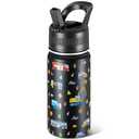 14 Oz Kids Water Bottle, Stainless Steel Water Bottle with Straws, Leak-Proof, BPA-Free, Insulated Water Bottles for School Boys & Girls|Black Car