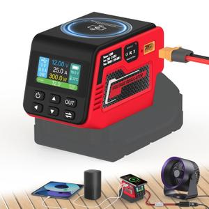 300W Adjustable Voltage Regulator Compatible with Milwaukee 18V Battery, Adjustable 2-30V DC Output, 18W Type-A & PD3.1 140W Type-C Fast Charging, 15W Magnetic Wireless Charger (Red)