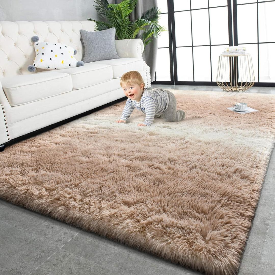 TWINNIS Super Soft Shaggy Rugs Fluffy Carpets, 5x8 Feet, Indoor Modern Plush Area Rugs for Living Room Bedroom Kids Room Nursery Home Decor, Upgrade Anti-Skid Rectangular Fuzzy Rug, Tan White