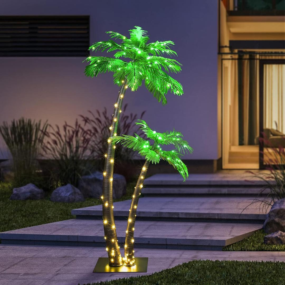 Lighted Palm Tree 6FT 4FT Artificial Palm Tree Decor for Outdoor 184 LED Light up Fake Tree for Indoor Outdoor Patio Hawaiian Tiki Bar Decoration