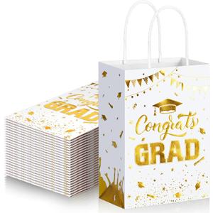 TaoBary 24 Pcs White Gold 2026 Graduation Gift Bags Congrats Grad Bags Party Favors with Handles Graduation Treat Paper Gifts for Grad Party Supplies, 8 x 6 x 3 Inches