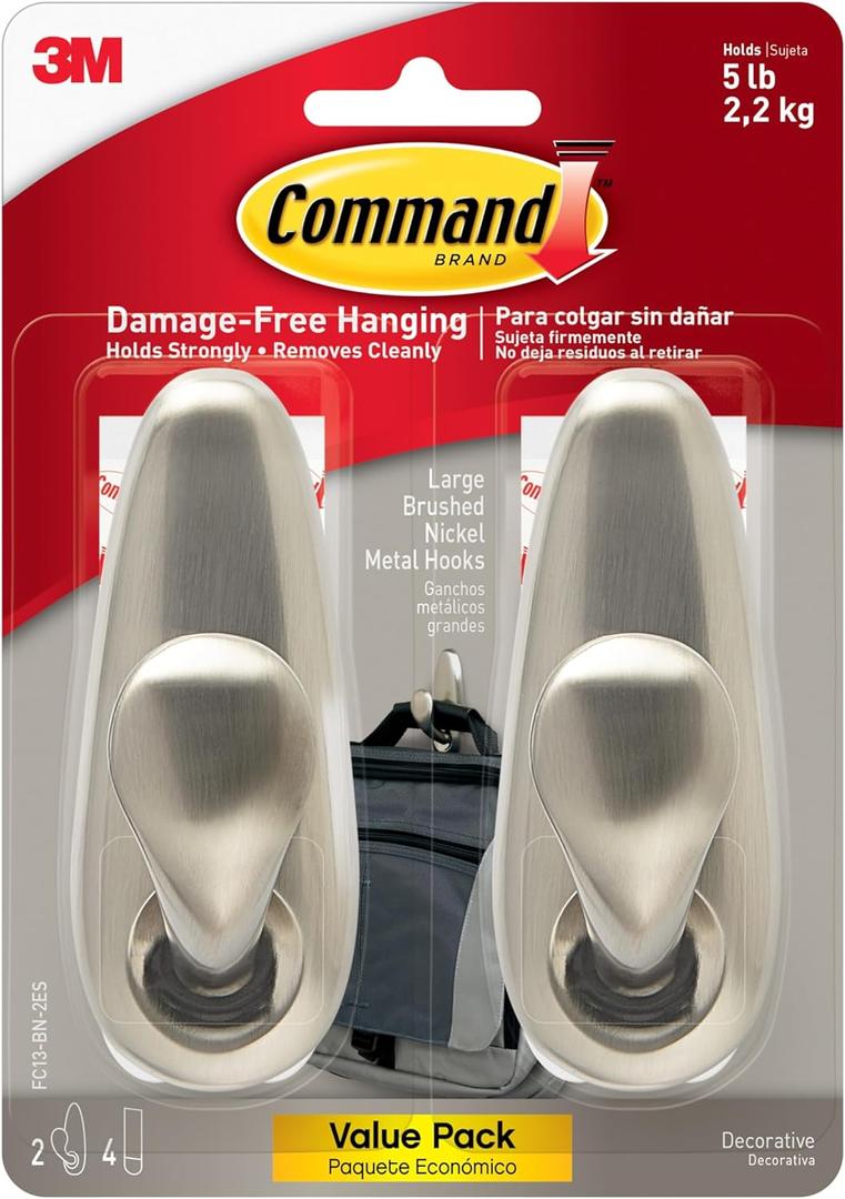 Command 5 lb Large Brushed Nickel Metal Hooks, 2 Coat Hooks and 4 Strips, Damage-Free Hanging with Adhesive, Great for Christmas Decorations