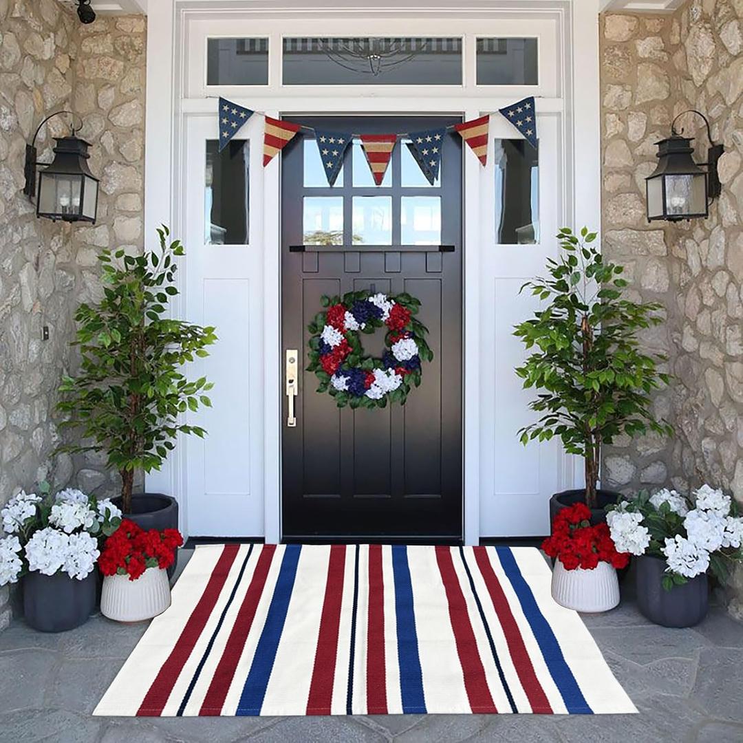 Blue/White/Red Striped Rug 4th of July Door Mat 27.5'' x 43'' Summer Front Porch Rug Independence Day Welcome Doormats for Farmhouse Entrance Porch Outdoors Decor (Blue/red/White, 27.5'' x 43'')