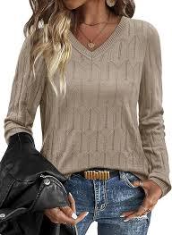 OFEEFAN Womens Sweaters Long Sleeve Shirts Fall Outfits 2026 V Neck Soft Knit Pullover Trendy Tops Dressy Casual Blouses, Size L, Beige