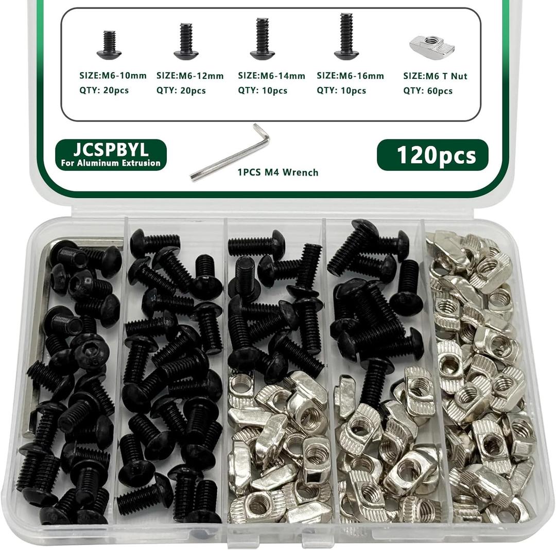 120 pcs M6 T Nut Screws Kit for 3030 3060 Aluminum Extrusion, 60 pcs Black M6x10/12/14/16mm Hexagon Socket Screws and 60 pcs M5 Drop in T-Nuts with 1 pcs M6 Hex Wrench
