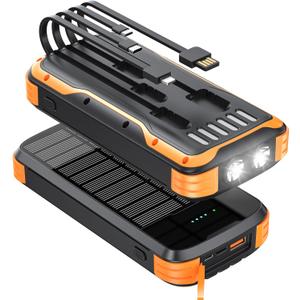 Solar-Power-Bank-Charger, 40000mAh Portable Phone Charger Built in 4 Cables with USB C in/Output, PD 20W Fast Charging External Batter, External Battery Pack with Dual Bright Flashlights