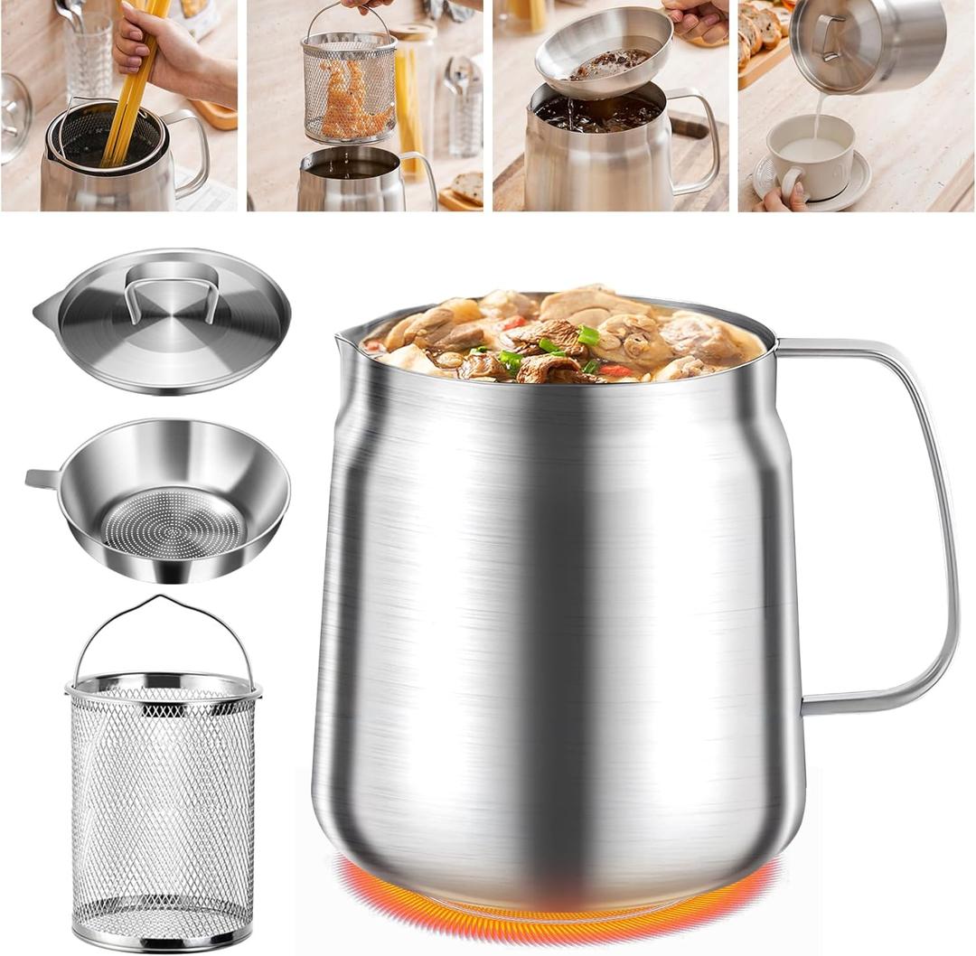 68oz 304 Stainless Steel Oil Filter Pot, Bacon Grease Container with Strainer & Deep Fryer Basket, Heavy Duty Kitchen Cooking Oil Lard Fat Saver, Pasta Vegetable Pot for One, Kitchen Gadgets (2L)
