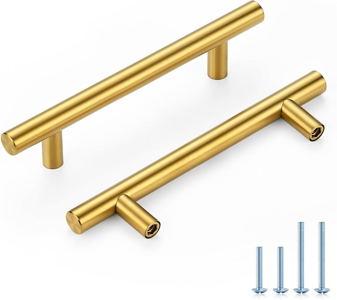 HOME EDIT Brushed Brass Cabinet Handles 4 Inch Hole Spacing, Stainless Steel Drawer Pulls for Cabinets, Kitchen, Bathroom, Dresser 10 Pack