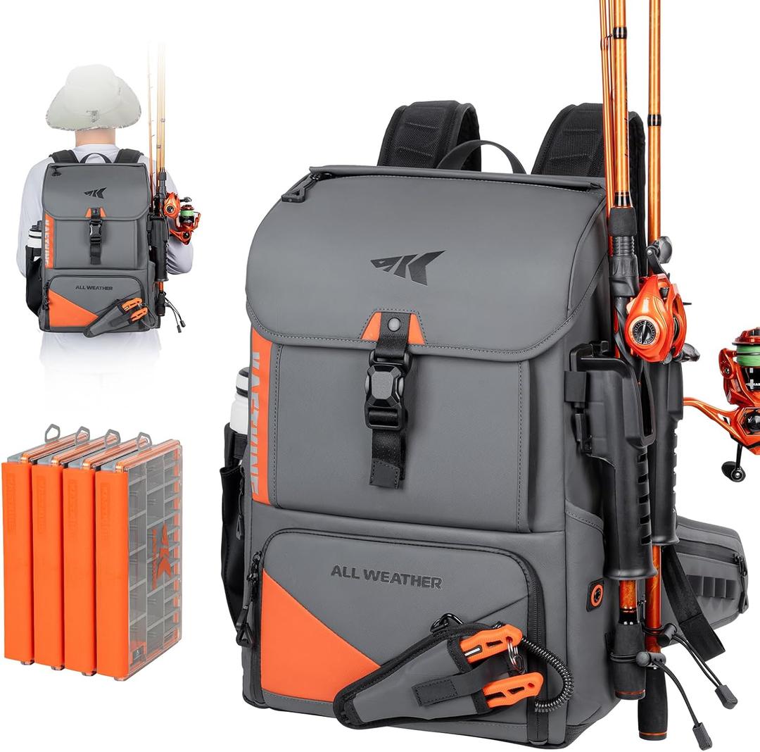 KastKing All Weather Fishing Tackle Backpack with 4 Waterproof Tackle Boxes & Removable Rod Holders,Waterproof ArmorShield Fabric Fishing Bag Storage Fishing Gear, 13.8 inches
