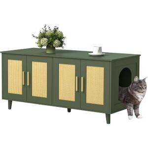 Homhedy Boho Cat Litter Box Enclosure for 2 Cats, Wooden Cat Washroom Furniture with Double Rattan Decorated Doors, Pet House,47.2L x 19.7W x 21.7H, Green