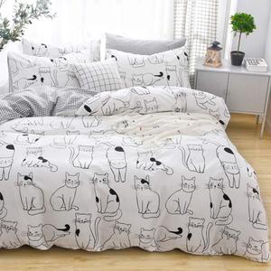 Cats Duvet Cover Set Twin, 100% Cotton Bedding, Various Cartoon Cats Pattern Printed on White Reversible Black Plaid, Cute Animal Comforter Cover for Kids Teens Boys Girls, No Comforter (Twin (68 in x 86 in))
