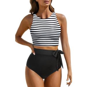 Aqua Eve Women High Waisted Bikini Set Racerback Swimsuit Two Piece Bathing Suit High Neck Swimwear (X-Small, Stripe and Black) Aqua Eve Women High Waisted Bikini Set Racerback Swimsuit Two Piece Bathing Suit High Neck Swimwear (X-Small, Stripe and Black)