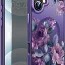 FUNMIKO for iPhone 16 Plus Case with Privacy Screen Protector, Wireless Charging Compatible, Shockproof Translucent Matte Cover - Cute Floral Design Phone Case for Women Girls - Purple Blossoms