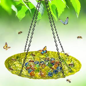 Bee Watering Station for Outside, Hanging Bee Butterfly Feeder for Garden, Metal Butterfly Puddler with Stone Texture Bee Drinking Bowl with Glass Marbles for Outdoors Yard Decor (Hanging-Ellipses)