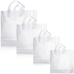 100 Pcs Frosted Plastic Gift Bags with Handles for Small Business Clear Shopping Bags with Cardboard Bottom,4 Sizes