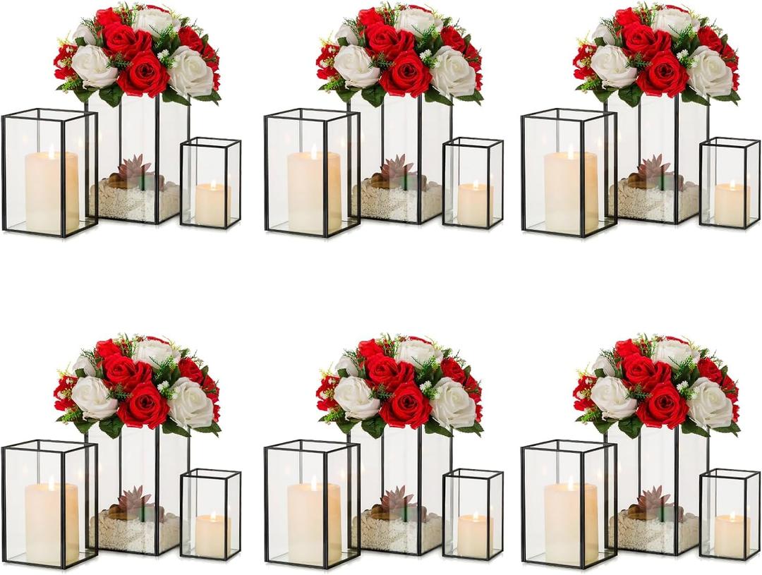 Hewory Glass Hurricane Candle Holder: 18Pcs Black Hurricane Candle Holders with Metal Frame Square, Clear Candle Holder for Table Centerpiece Wedding Christmas Engagement Birthday Party Decoration