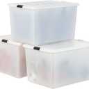 IRIS USA 144 Qt Stackable Plastic Storage Bins with Lids, 3 Pack - BPA-Free, Discreet Organizing Solution, Latches, Durable Nestable Containers, Secure Pull Handle, Made in USA - Pearl