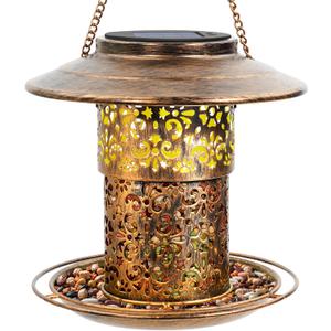 DY-SKTY Metal Bird Feeder for Outdoor Hanging, Large Capacity Solar light Wild Bird Feeder with Drainage Holes,Landing Ring, Solar Lanterns for Garden Decoration, Unique Bird Watching Gift for Outside