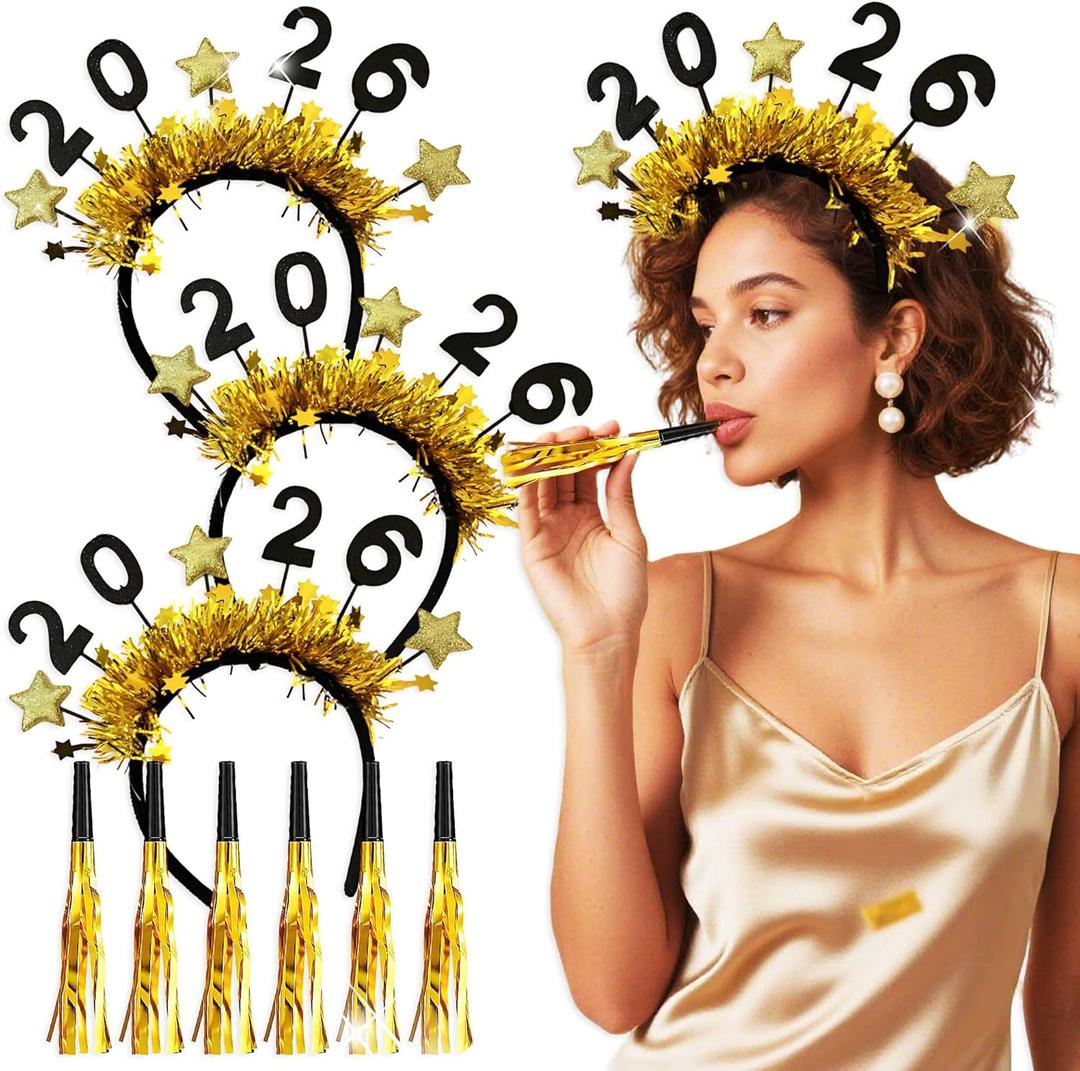 2026 New Year Eve Party Headband Golden Happy New Year Photo Booth Props Gold Metallic Fringed Party Blowers Noise Makers 2026 Eve Party Supplies