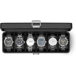Vlando 6-Slot Watch Case for Men, Watch Box with Glass Lid, Lockable Watch Holder, Business Textured Leather Organizer Display Case, Soft Pillow, Gifts for Fathers, Dad, Husband, Valentines - Black
